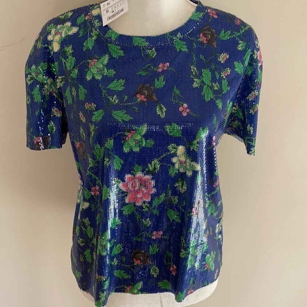 Beautiful nwt  Zara Blue Floral Sequin Top